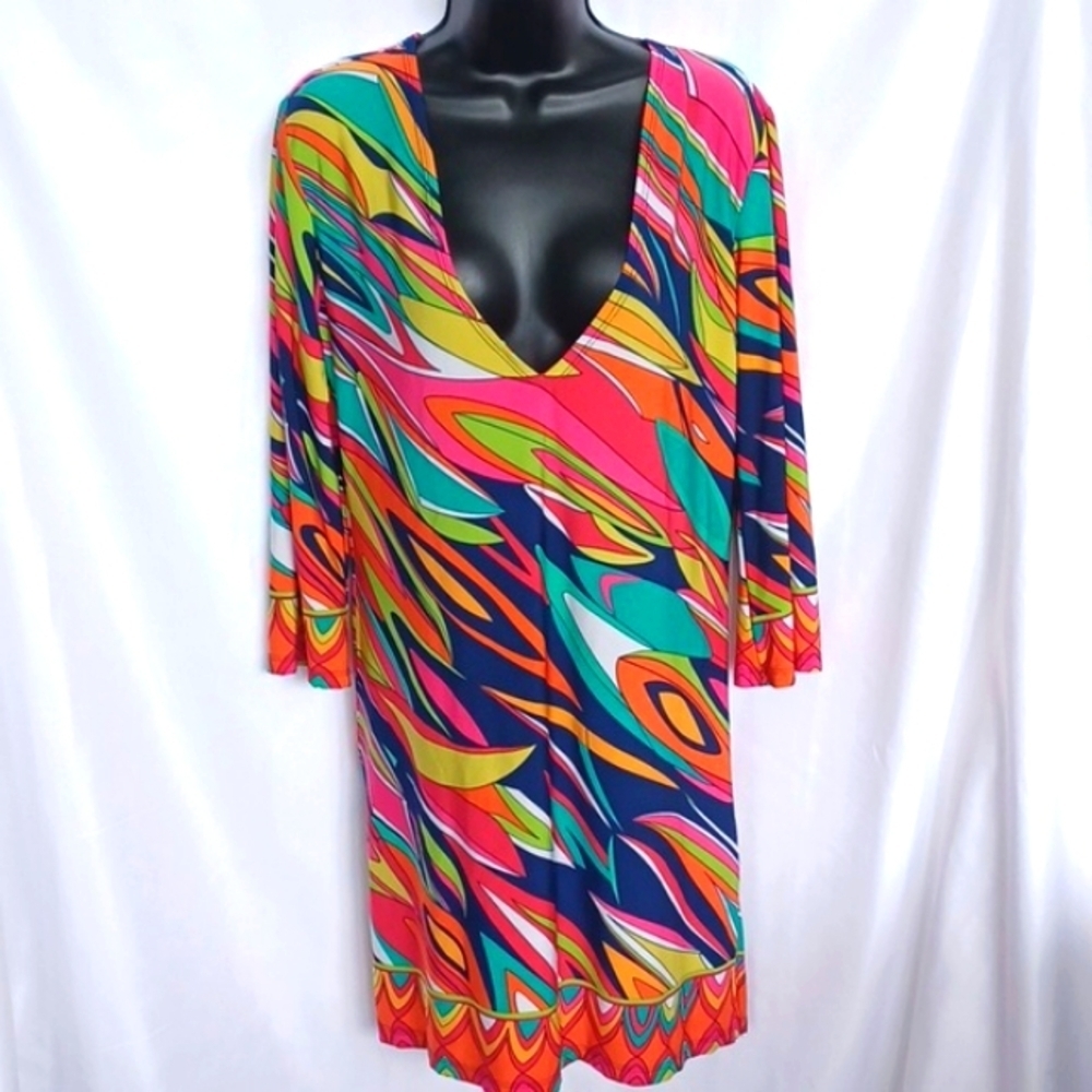 J. Valdi Women's 70s Printed Dress deep V Neck  Size M, stretchy, 20" ptp